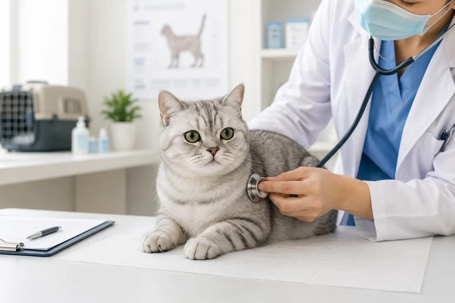 A calm cat resting indoors before a veterinary checkup