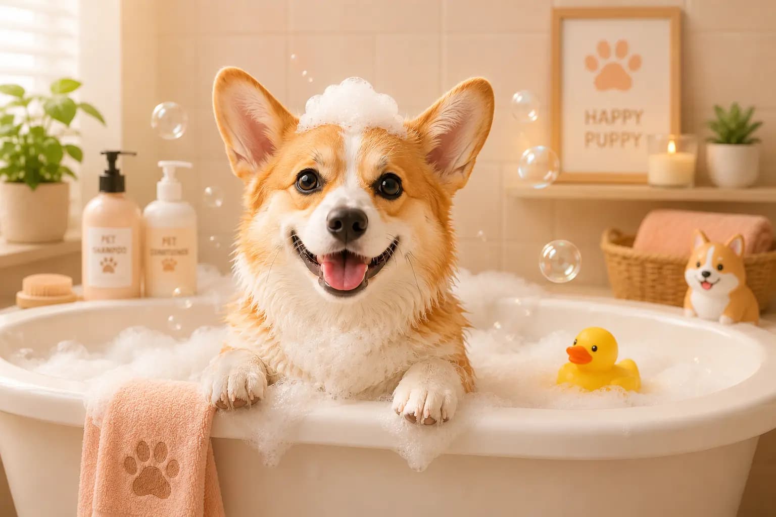 A happy corgi with a clean and shiny coat after grooming