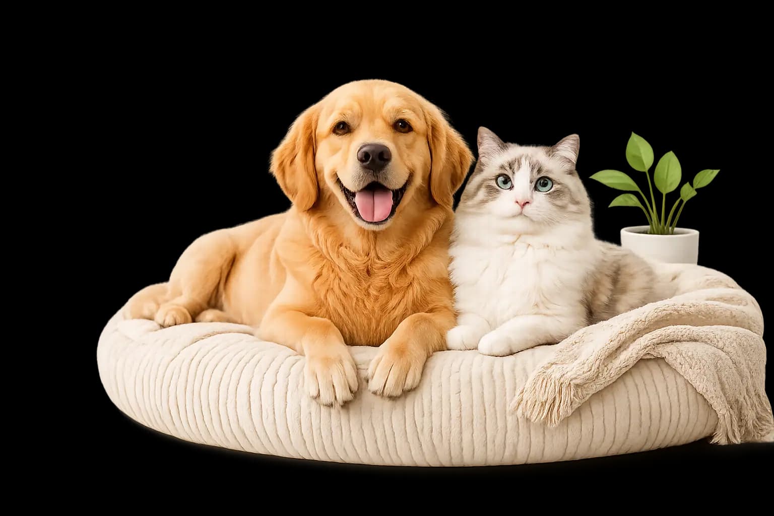 Chó và mèo vui vẻ đại diện cho cộng đồng Pet Booking